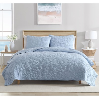 Full/Queen Outlined Shell 3-Piece Quilt Set, Coastal Beach Design Bedding, Blue