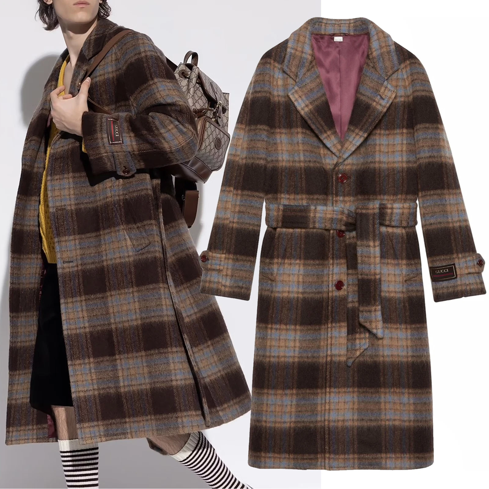 GUCCI COAT HOMME CLASSIQUE CARREAUX LAINE LOGO PATCH VESTE 3 taille 48
