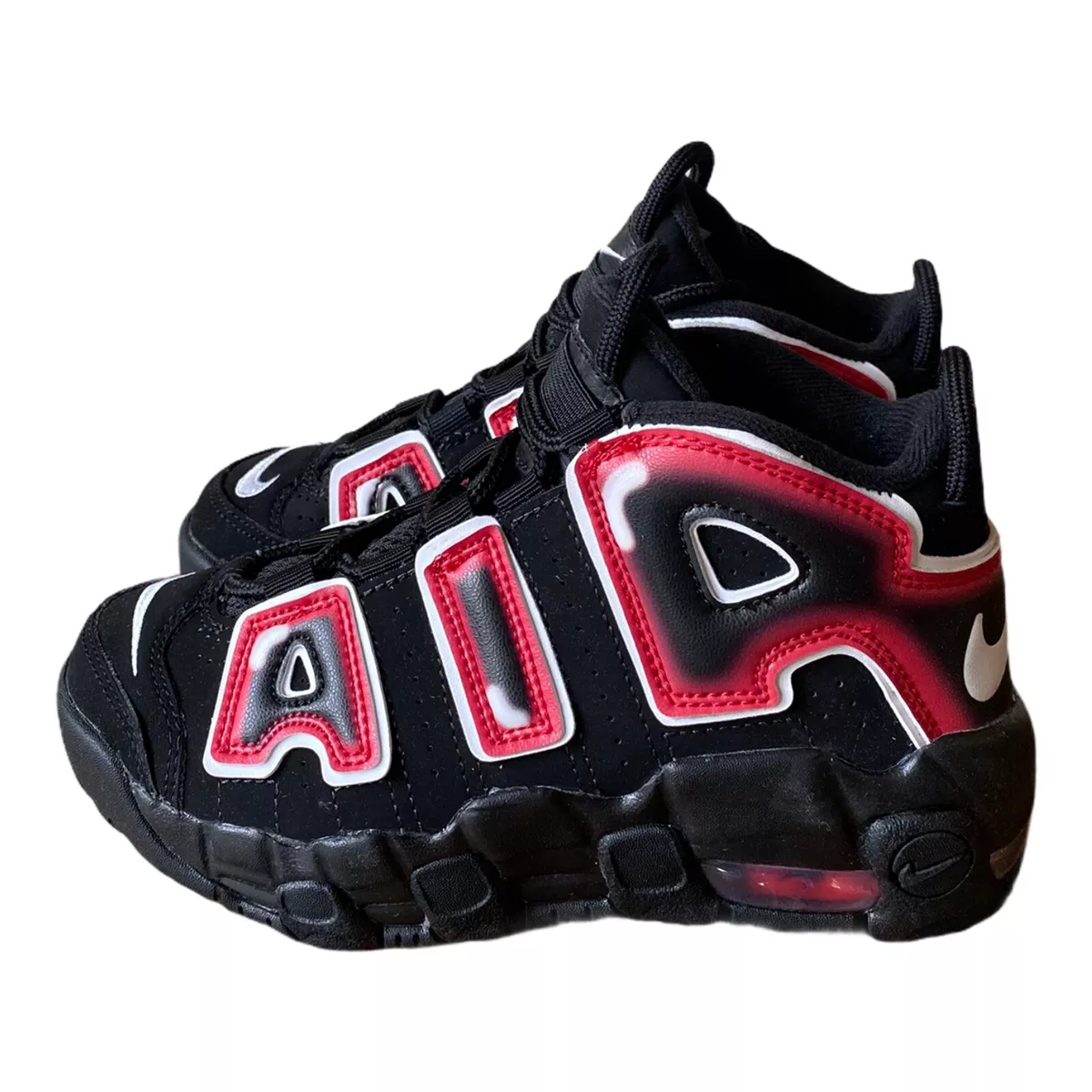 Nike Air More Uptempo PS Laser Crimson “Spray Paint” Shoes AA1554-010 Size 1Y