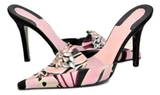 Rodolfo Zengarini Italy Satin Fabric Brooch Pointy Toe Mule Slip Toe Multi 39/8