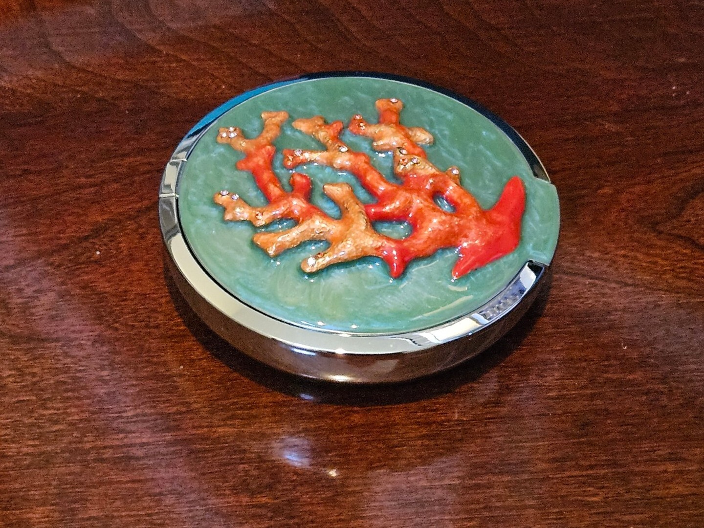 RARE LE JAY STRONGWATER CHANTECAILLE CORAL POWDER CRYSTAL ENAMEL COMPACT MIRROR