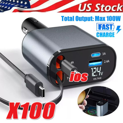 Retractable Car Charger 4in1 Fast Car Phone 16 Charger 120W USB Type C Cable lot