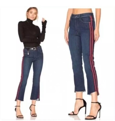 Mother Insider Step Crop Fray Jeans in Speed Racer Blue Red Side Stripe Size 26