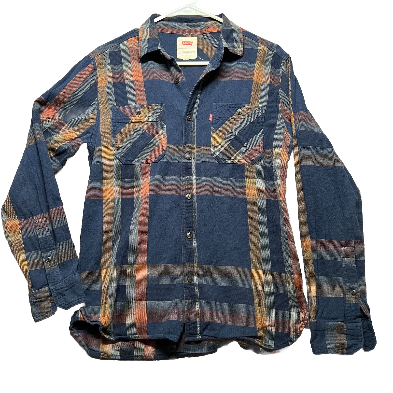 Levis Flannel Shirt Mens Sz Small Plaid Button Up Long Sleeve Blue Burnt Orange-image