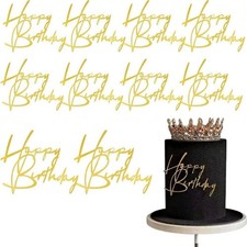 10pcs Side Happy Birthday Cake Topper Gold Acrylic Birthday Cupcake Topper fo...