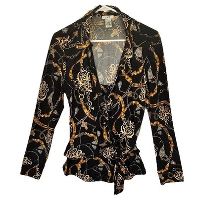 Cache Women s Faux Wrap Long  Sleeve Black Gold Chain Size Large Classic Dressy