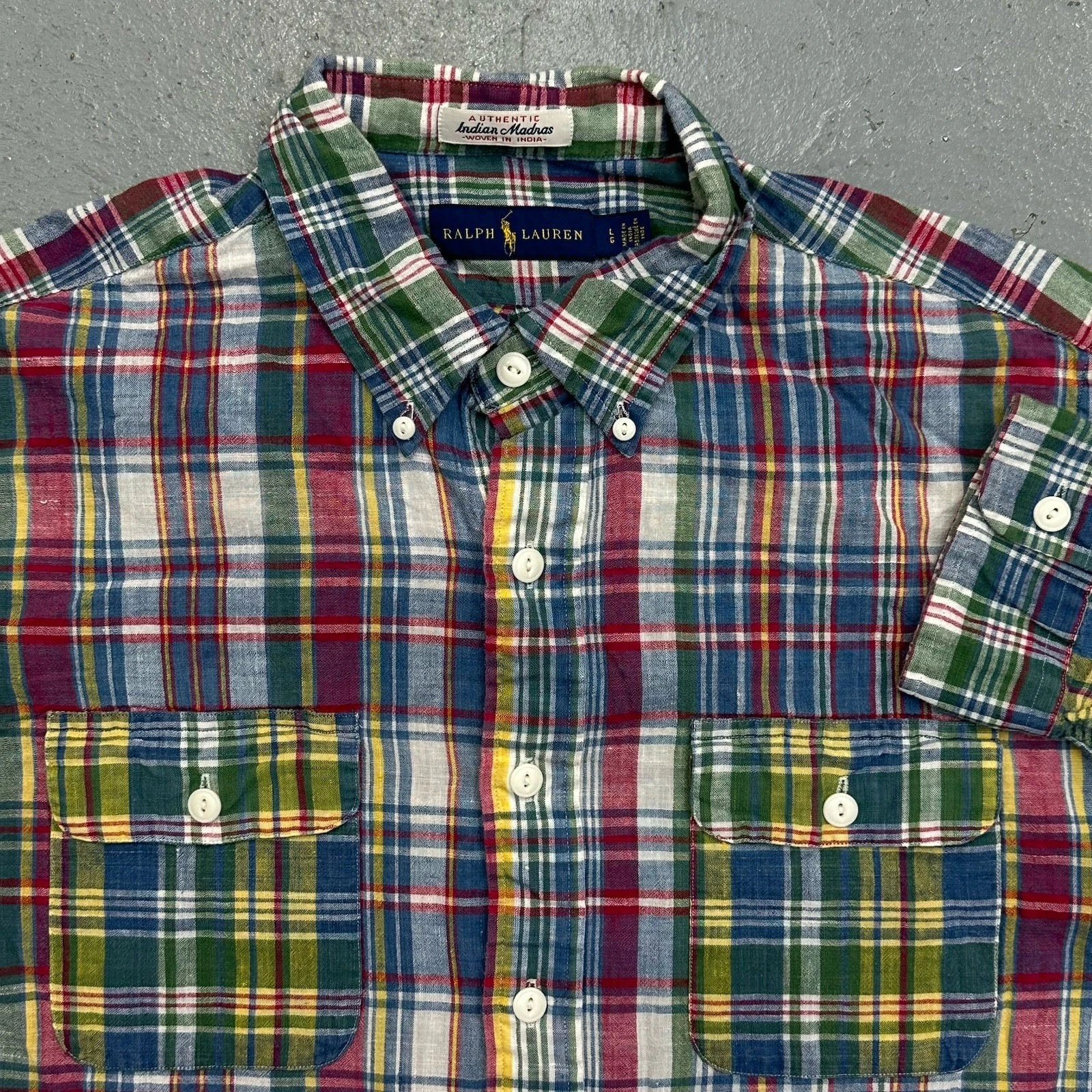 Polo Ralph Lauren Shirt Mens Large Multi Color Madras Plaid Long Sleeve Light