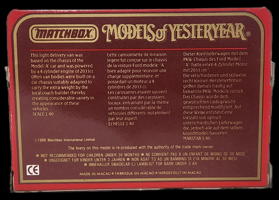1986 Matchbox Models of Yesteryear Y-22 1930 Model A Ford Van 1:40 NIB - Image 2 of 4