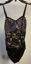 Dance Costume Gallery Adult Medium Bodysuit Sequins Lace Black Colorful