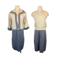St. John Knit 3-pc Set Cardigan Jacket, Tank, Skirt Gray/Cream Vintage 80s Sz 12