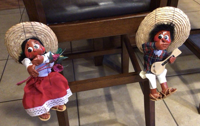 Vintage Marionette Mexican Folk Art String Puppet Pair Man & Woman With Sombrero