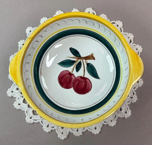 Stangl Pottery Fruit Bowl 6” w/  Handles Yellow Greens w/ Cherries Brown Bottom