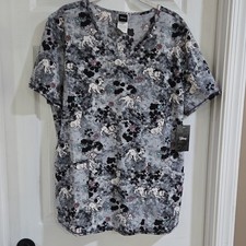 Disney 101 Dalmatians Animal Print Gray Scrub Top Size L Polyester Spandex