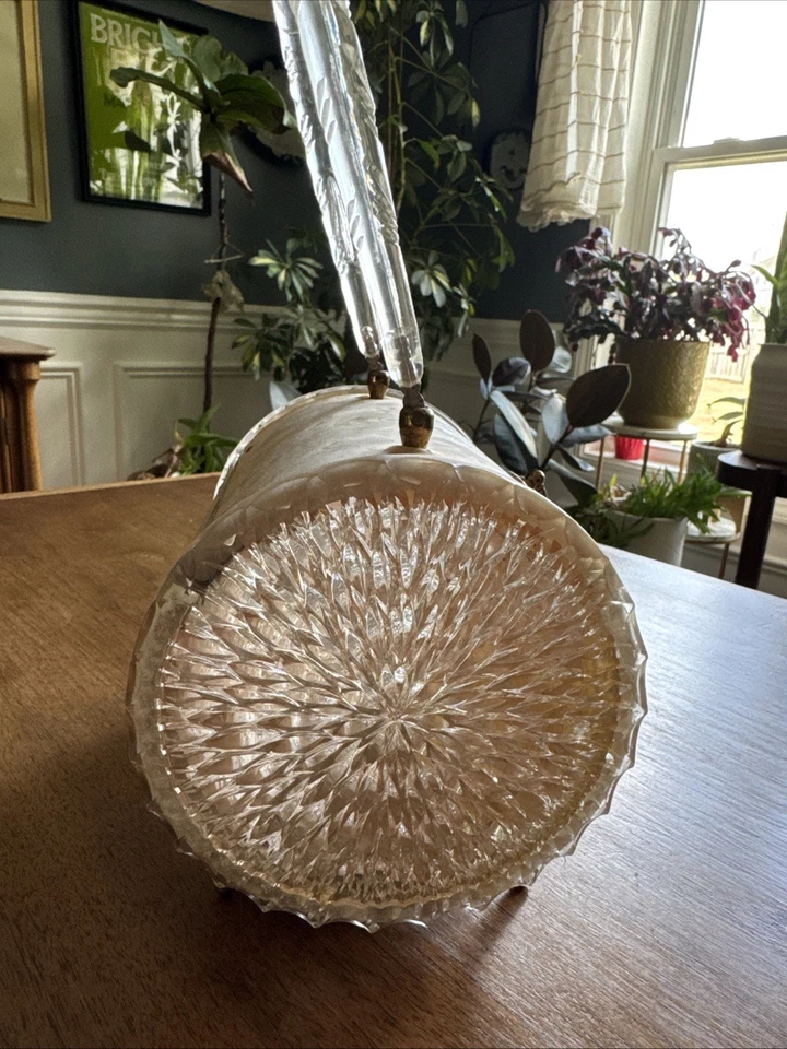 Vintage Pearlized Marbled Lucite Barrel Box Purse 1950s Clear Handle - Image 4 of 4