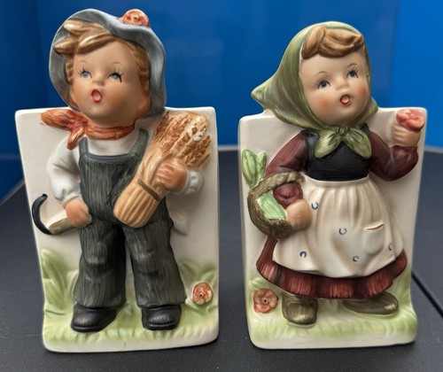 Pair Vintage Landmark Designs Hummel Style  Ceramic Girl/Boy Planter Harvest