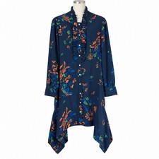 NWT Tory Burch Size 12 Navy Floral Ruffle Button Front Handkerchief Hem Dress
