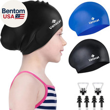 2 Pack Kids Swim Caps for Long/Short Hair, Unisex Silicone Swimming Cap for Age