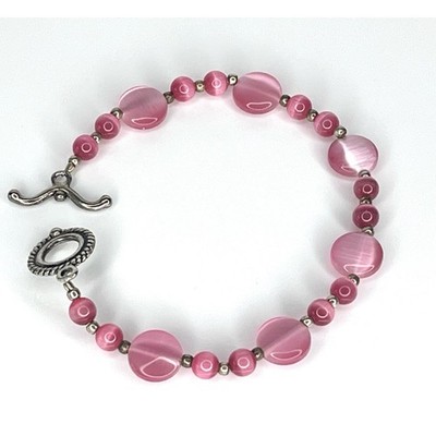 Pink Tigers Eye Beaded Bracelet 9'' Glass Bead Silver Toggle Clasp Vtg Jewlery