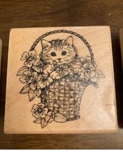Mounted Rubber Stamp Cat in basket of flowers pre-owned