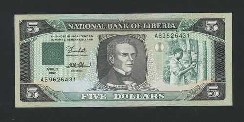 LIBERIA 5 DOLLARS 1989 AB PICK # 19 AU-UNC.