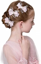 Flower Girls Lace Hair Bow Clips Pink Faux Pearls & Rhinestones Party Hair 3pcs