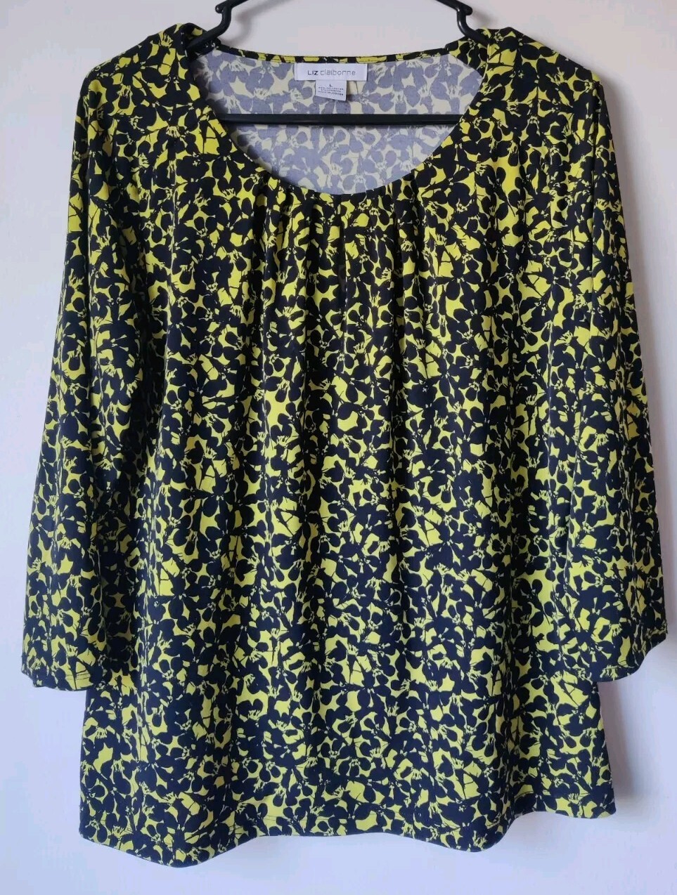 Liz Claiborne Women's Black/Yellow Floral Blouse 3/4 Sleeve Size Large Pleats