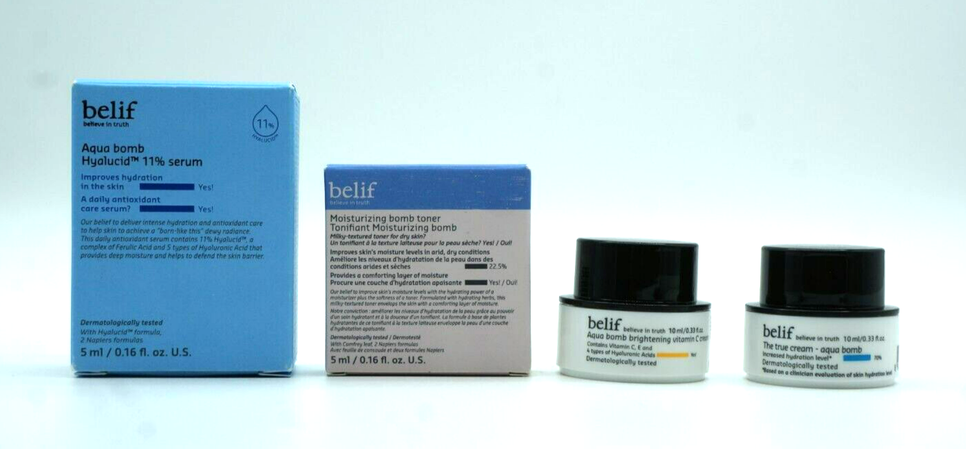 4-Piece Belif Skincare Set: Aqua Bomb Moisturizer & Brightening True Cream