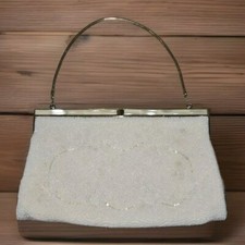 Vintage Japan White Floral Beaded Purse Mother of Pearl Evening Clutch Bag