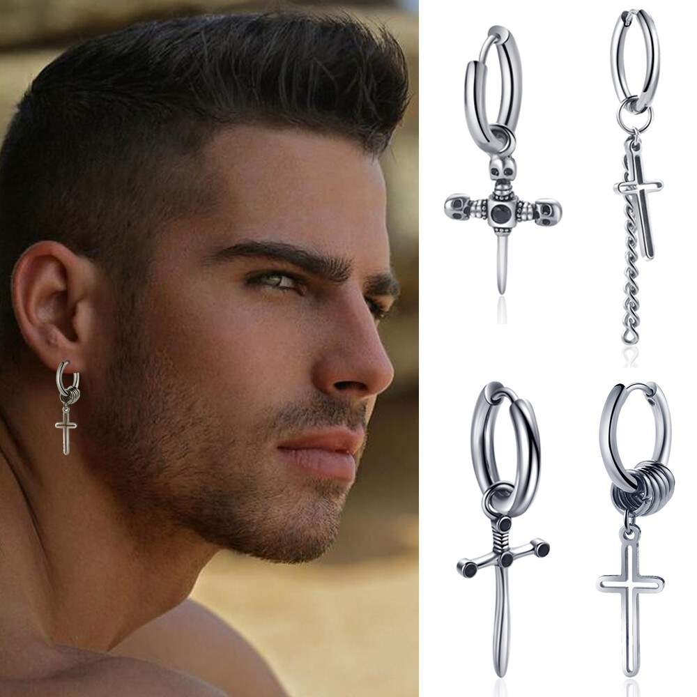2/1pcs Mens Punk Earring Women Titanium Silver Black Earring