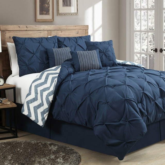 King Size Comforter Set Blue 7 Piece Polyester Reversible Bed