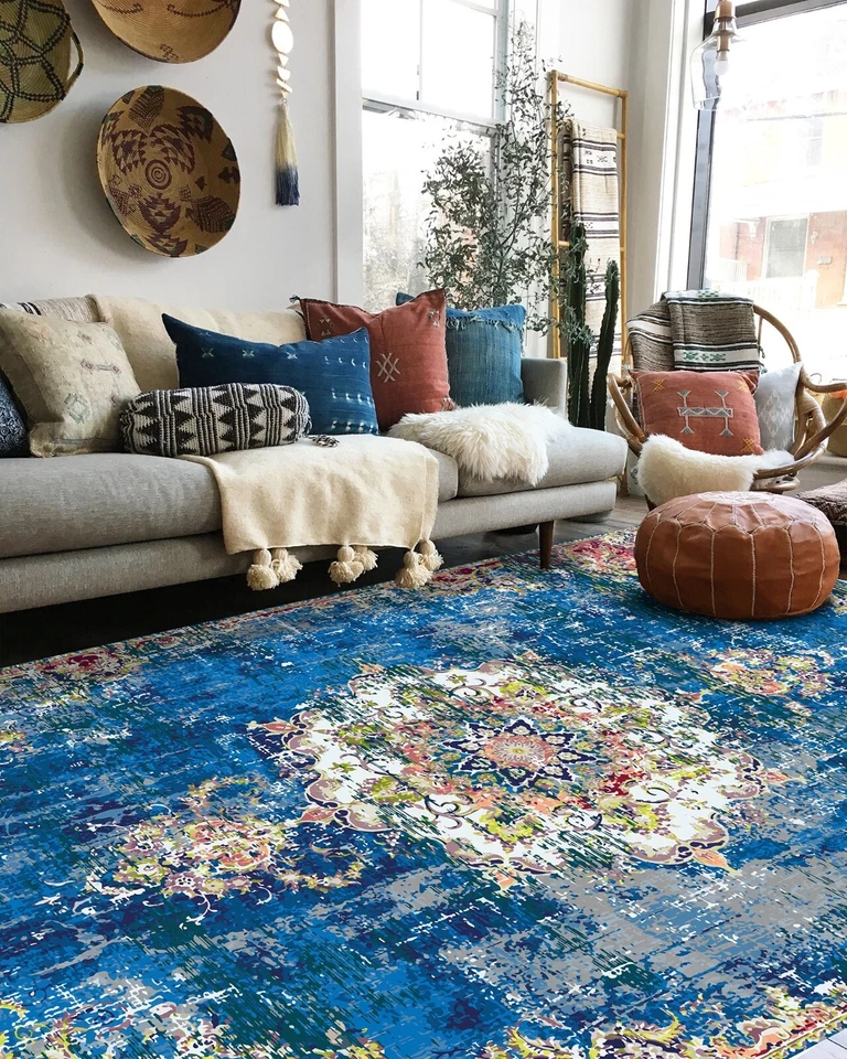 Alfombra de área de estilo bohemio en color azul fresco alfombra lavable para decoración de habitaciones modernas Foto 2 de 4