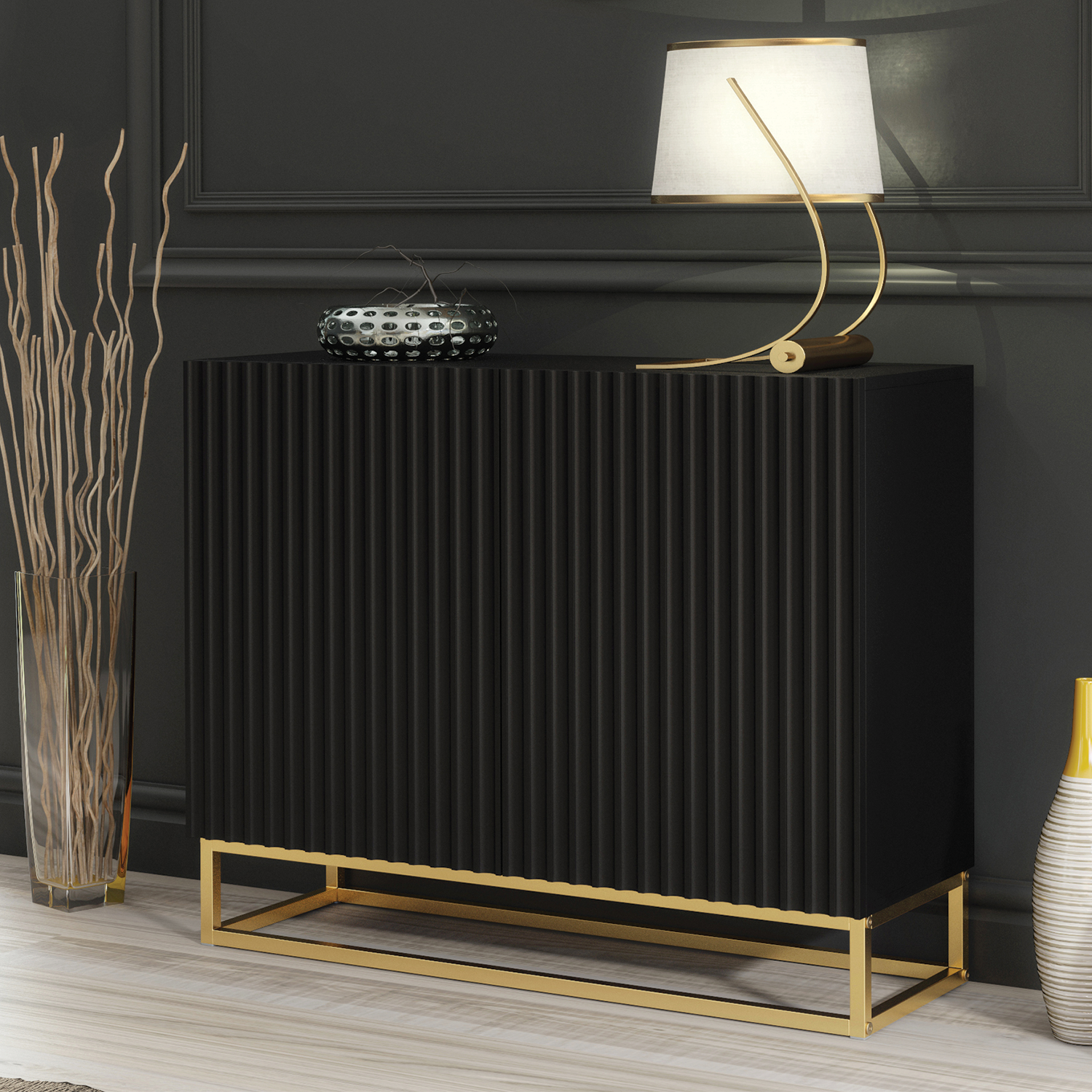 TV Unit TV Stand Sideboard Cabinet Storage Black Fluted Gold Legs 100cm
