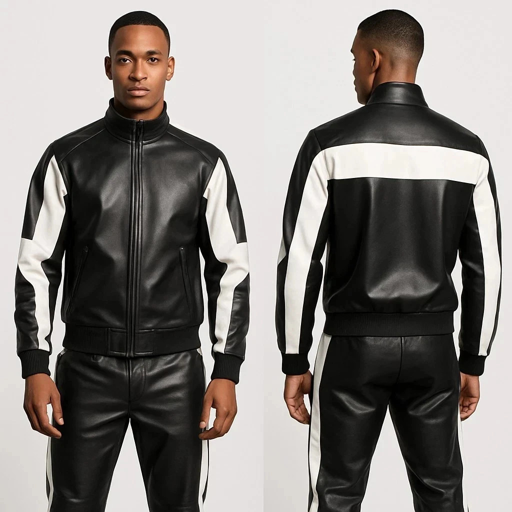 Chándal de cuero de cordero genuino para hombre negro blanco conjunto deportivo para correr