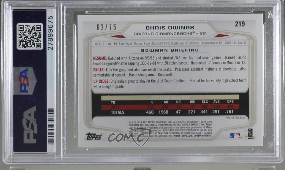 2014 Bowman Silver /75 Chris Owings #219 PSA 9 MINT Rookie RC - Image 2 of 2