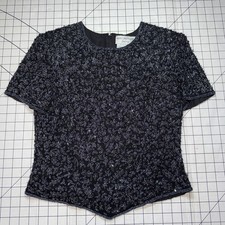 Papell Boutique Embellished Evening Blouse M Short Sleeve Lined Beaded Black