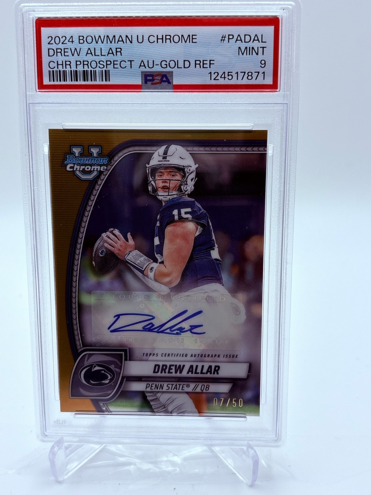 Drew Allar 2024 Bowman Chrome University Prospect Auto Gold #PA-DAL /50 PSA 9