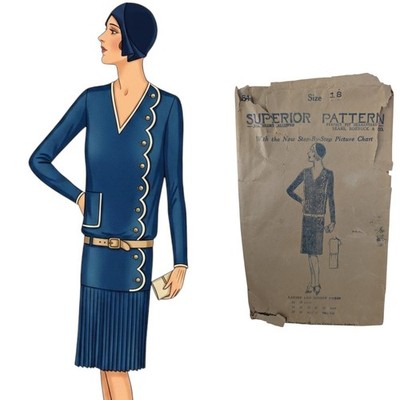 1920s Vintage Superior Sewing Pattern 4032 Slip On Dress V Neck Flapper Sz 18/36