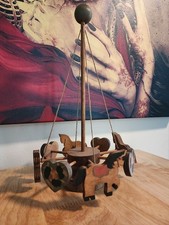 Unbranded Wood Carousel Spin Toy Merry Go Round Maypole Horses Hearts Folk Art