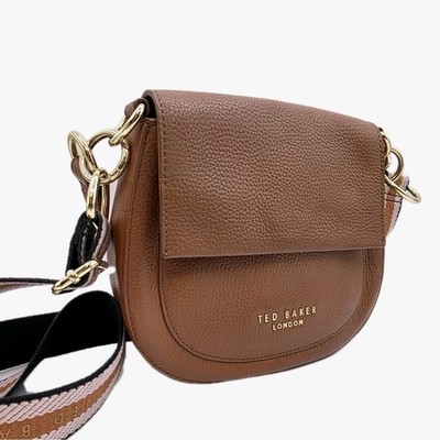 Ted Baker London Darcell Tan Leather Crossbody Saddle Bag Web Strap