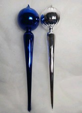 2 Beautiful Vtg. 15" Silver And Blue swirl Blown Glass finial teardrop ornaments