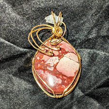 Handcrafted Wire Wrapped Pink Jasper Oval Charm Pendant Gold Cord Bohemian