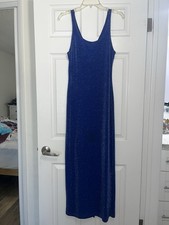 Vintage All That Jazz Blue Sparkle Maxi Dress Back Slit Sleeveless M