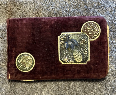 1890s Victorian Velvet Autograph Album   Gilt Peacock Plaque   Chicago & German