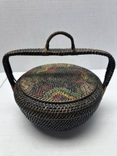Antique Handwoven Chinese Basket Bamboo Rattan Handpainted Lid w/Handle