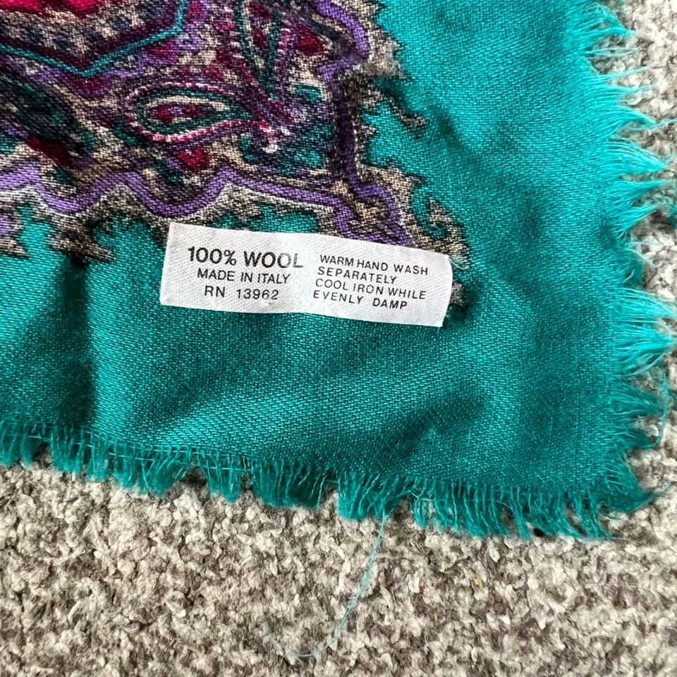 Bufanda vintage 100 % lana verde azulado cachemir hecha en Italia cuadrada grande 27x27 Foto 4 de 4