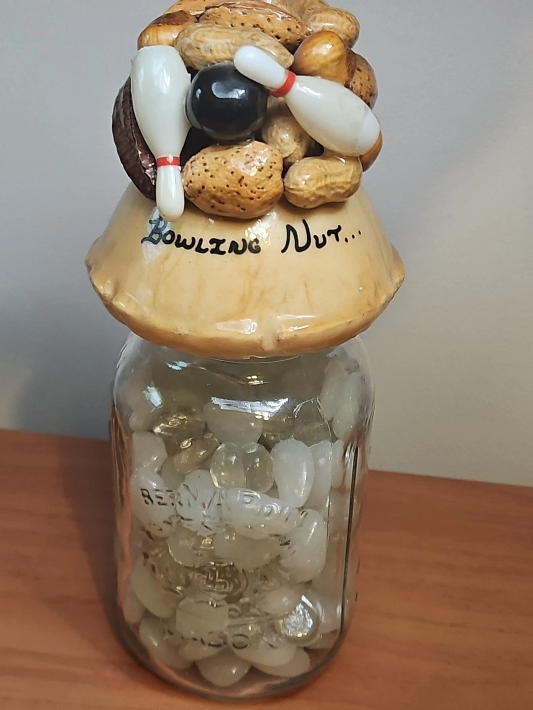 Vtg Decorative Bowling Nut Theme Mason Jar With Rocks