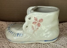 Vintage Planter Baby Shoe Bootie Ceramic White w/ Pink Flower Blue Accents
