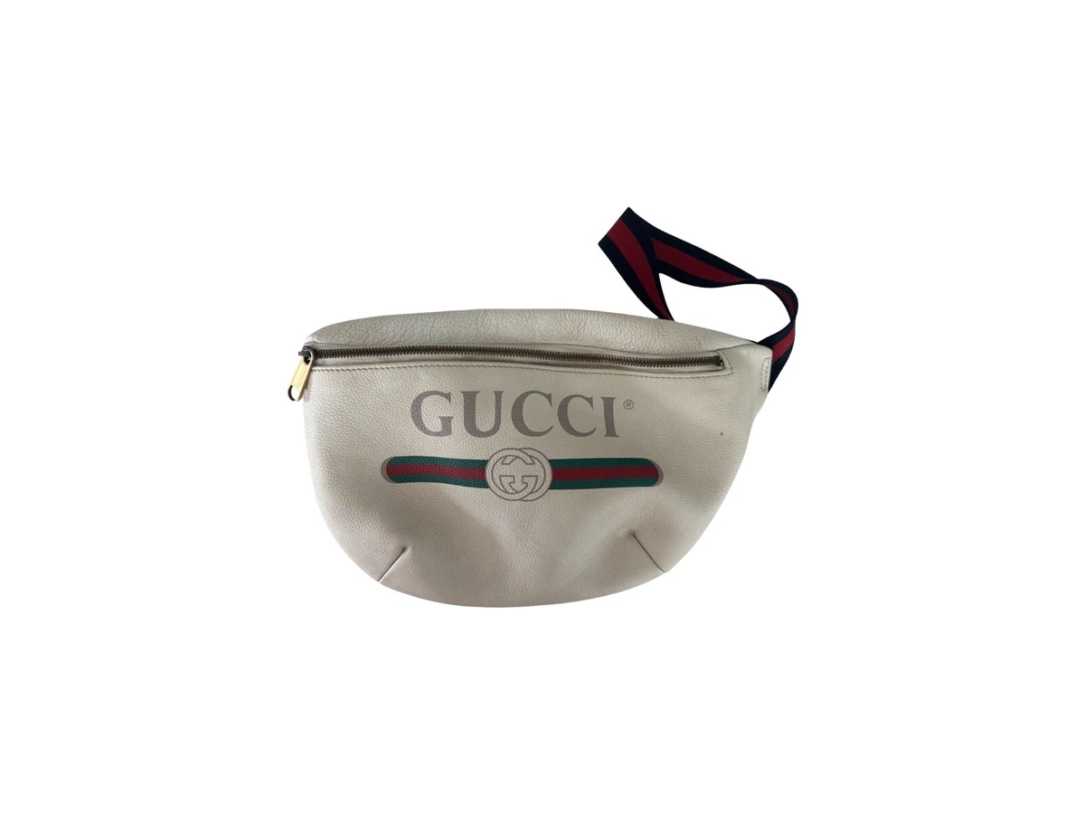 Gucci Logo Print Grained Calfskin White Leather Belt Bum Waist Bag Fanny Pack