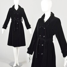 Small 1970s Black Velvet Belted Trench Coat Long Sleeve Fully Lined