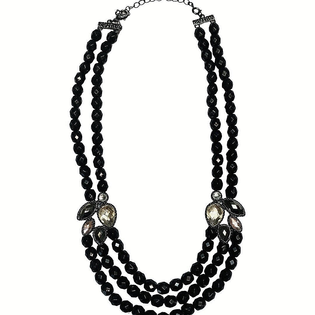 Black Rhinestone Layered Beaded Statement Necklac… - image 2